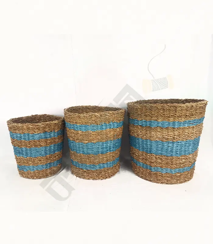 Seagrass Handwoven Planter Baskets Set of handwoven seagrass planter baskets in various sizes, perfect for indoor plants.